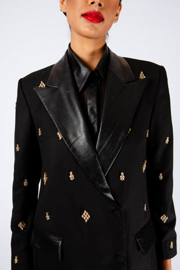 URBAN NOIR LEATHER-TRIMMED POWER BLAZER